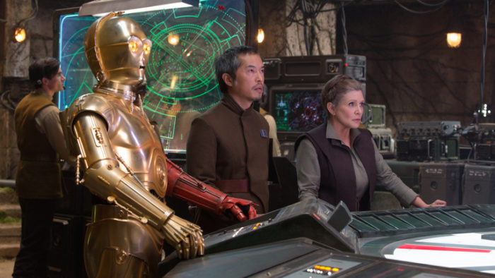 Star Wars: The Force Awakens L to R: C-3PO (Anthony Daniels), Admiral Statura (Ken Leung), and General Leia Organa (Carrie Fisher). Photo Credit: David James ©Lucasfilm 2015